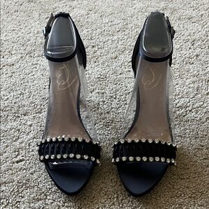 Sam Edelman Evelynn Black Satin and Rhinestones Ankle-Strap Heels Size 6 1/2